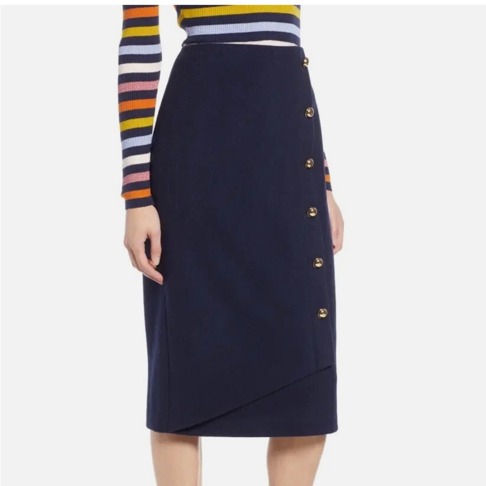 Halogen Navy Wool Pencil Skirt with Gold Buttons